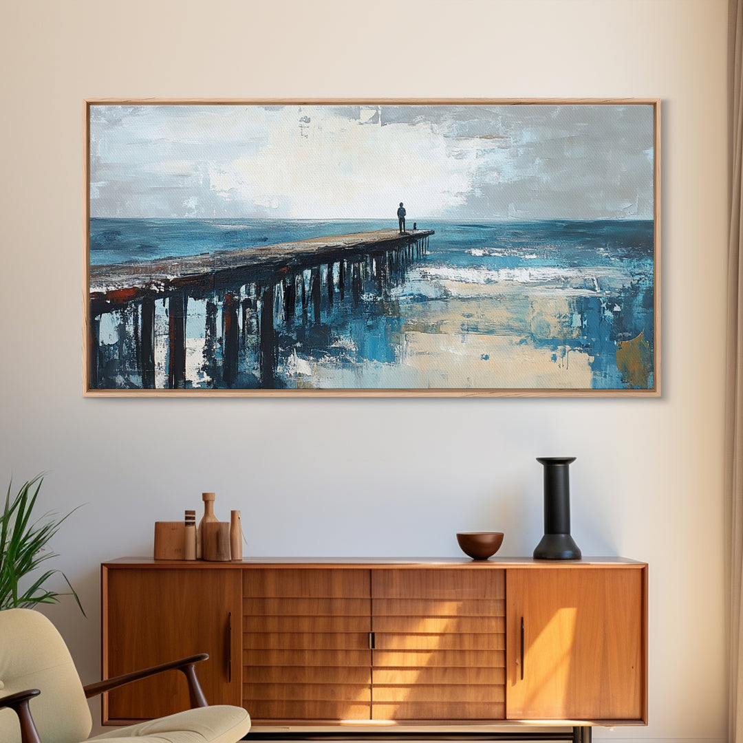 Pier at Dusk, moody art, coastal wall art, ocean painting, nautical painting, wabi sabi art, panoramic art, Canvas Print, seascape