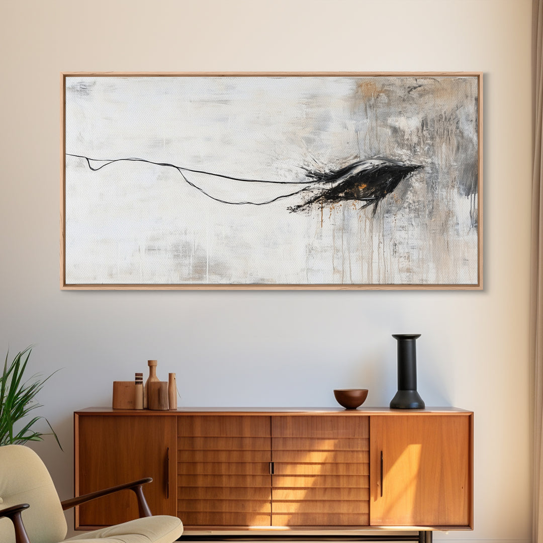 Abstract Crow, dark romance painting, gothic decor, minimalist art, moody art, black and white wall art, Canvas Print, wabi sabi art