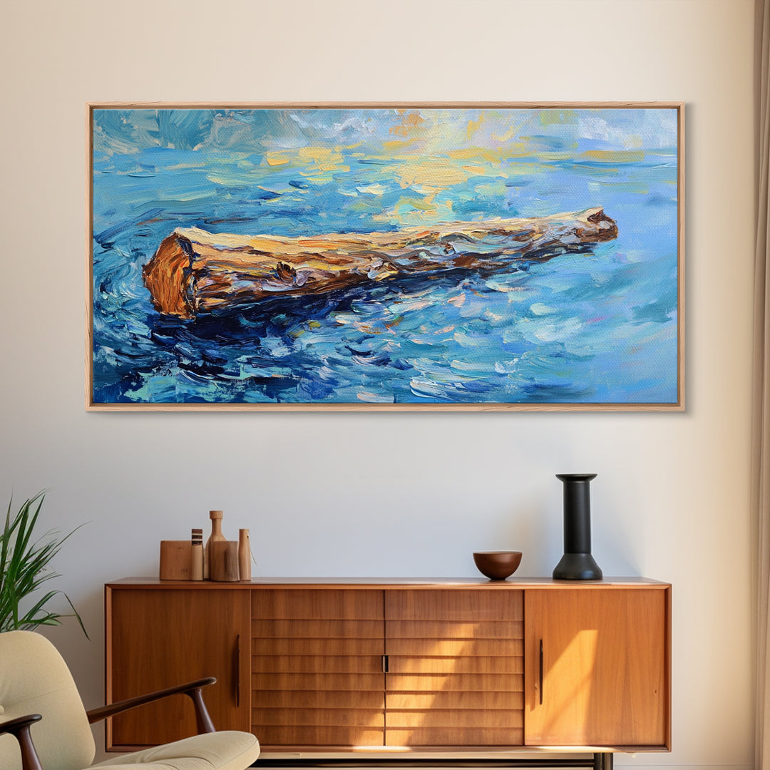 Drifting Log, rustic art, coastal painting, seascape painting, panoramic art, landscape painting, Framed Canvas Print,