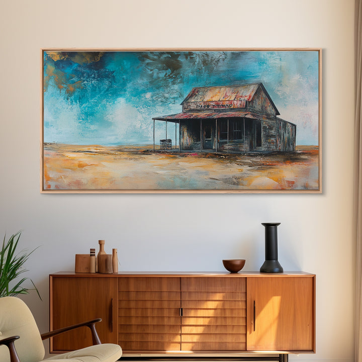 Abandoned Cabin Art, Rustic Wall Art, Moody Art, Western Landscape Painting, Framed Canvas Print, Extra Wide Art, Living Room Art