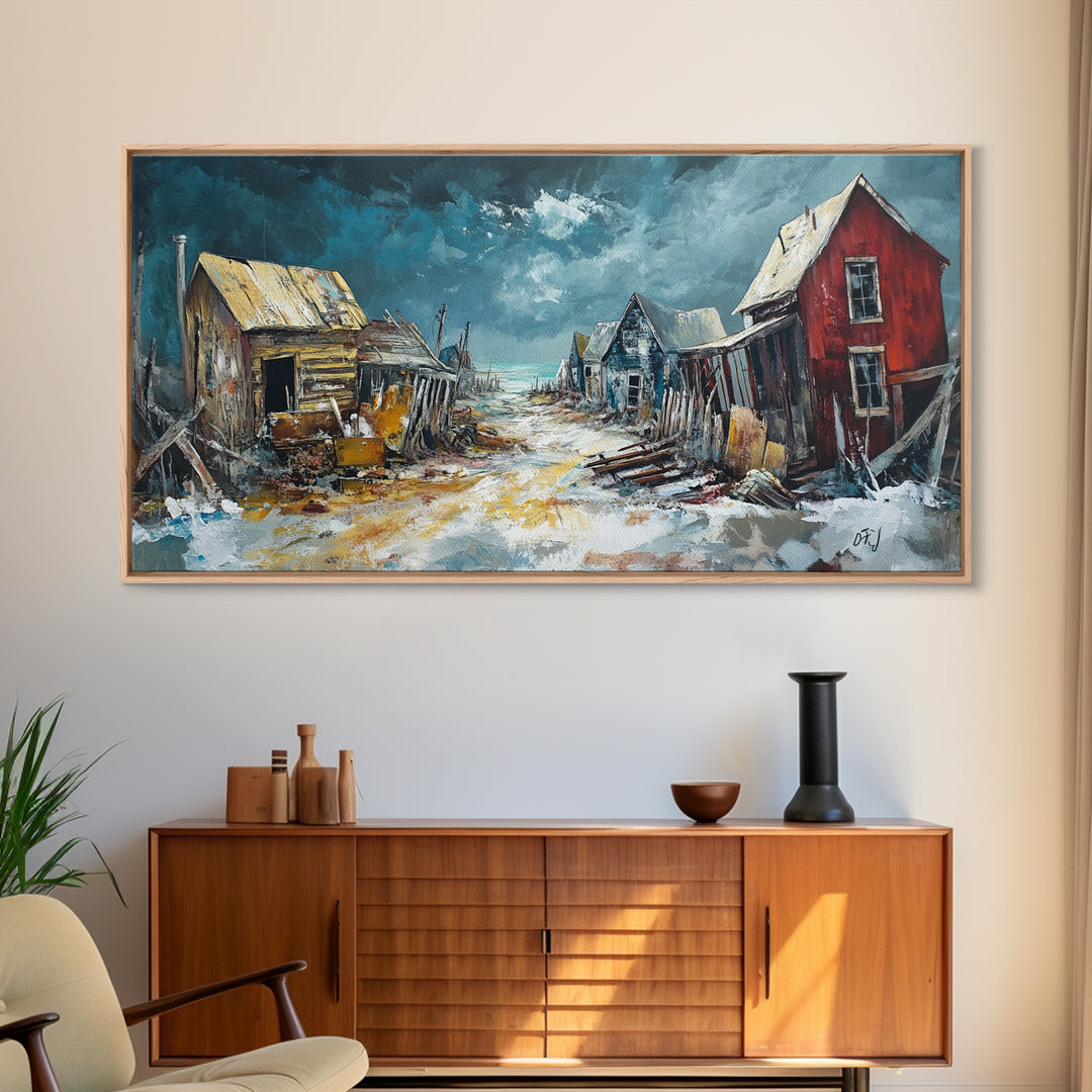 Abandoned Town Art, Rustic Decor, Moody Art, Western Landscape Art, Framed Canvas Print, Extra Wide Art, Farmhouse Art