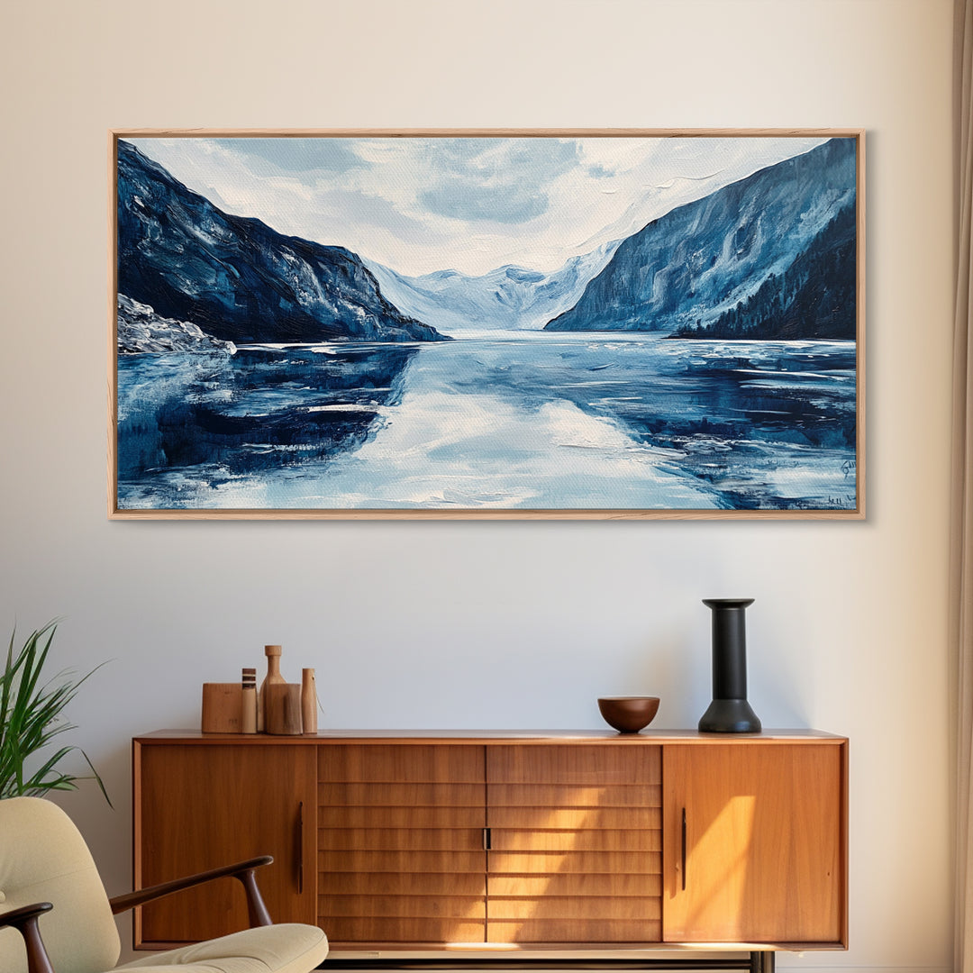 Blue and White Fjord, Lake Tahoe Art, Coastal Landscape Art, Extra Wide Art, Framed Canvas Print, Minimalist Art, Nautical Decor