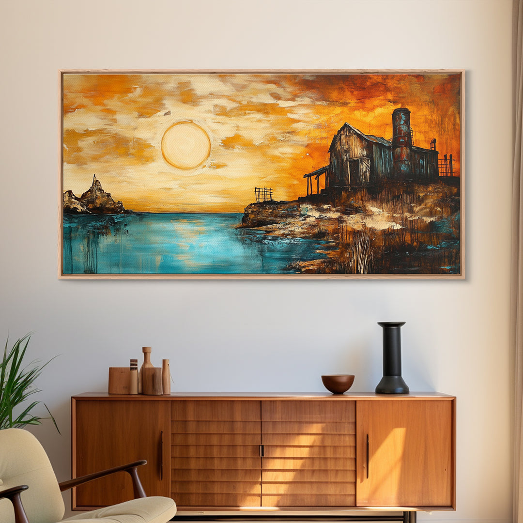 Rustic Barn, sunset painting, farmhouse art, rustic wall art, panoramic painting, framed canvas print, southwest wall art