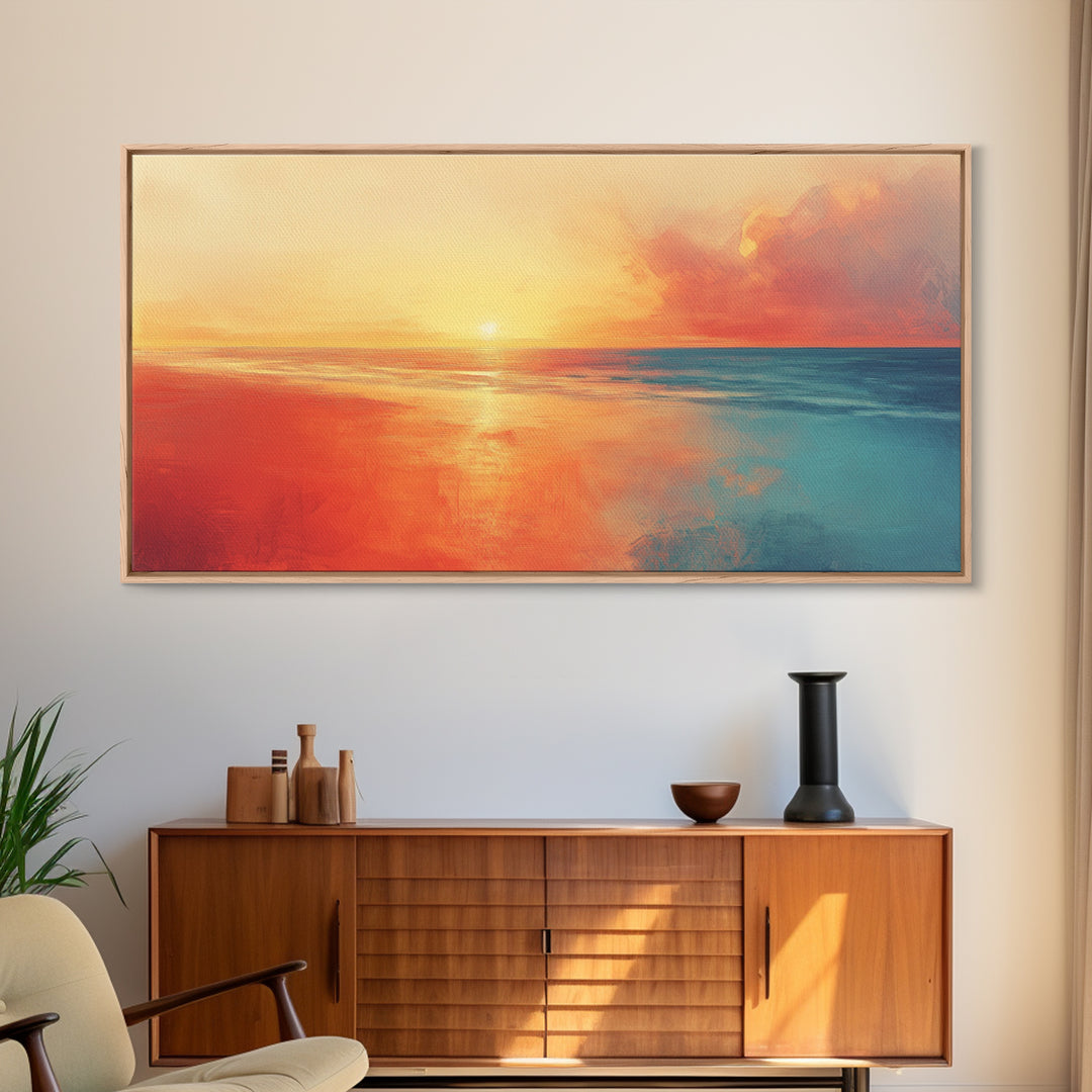Sunset Ocean, pink orange wall art, coastal landscape art, moody art, extra wide art, panoramic painting, framed canvas print