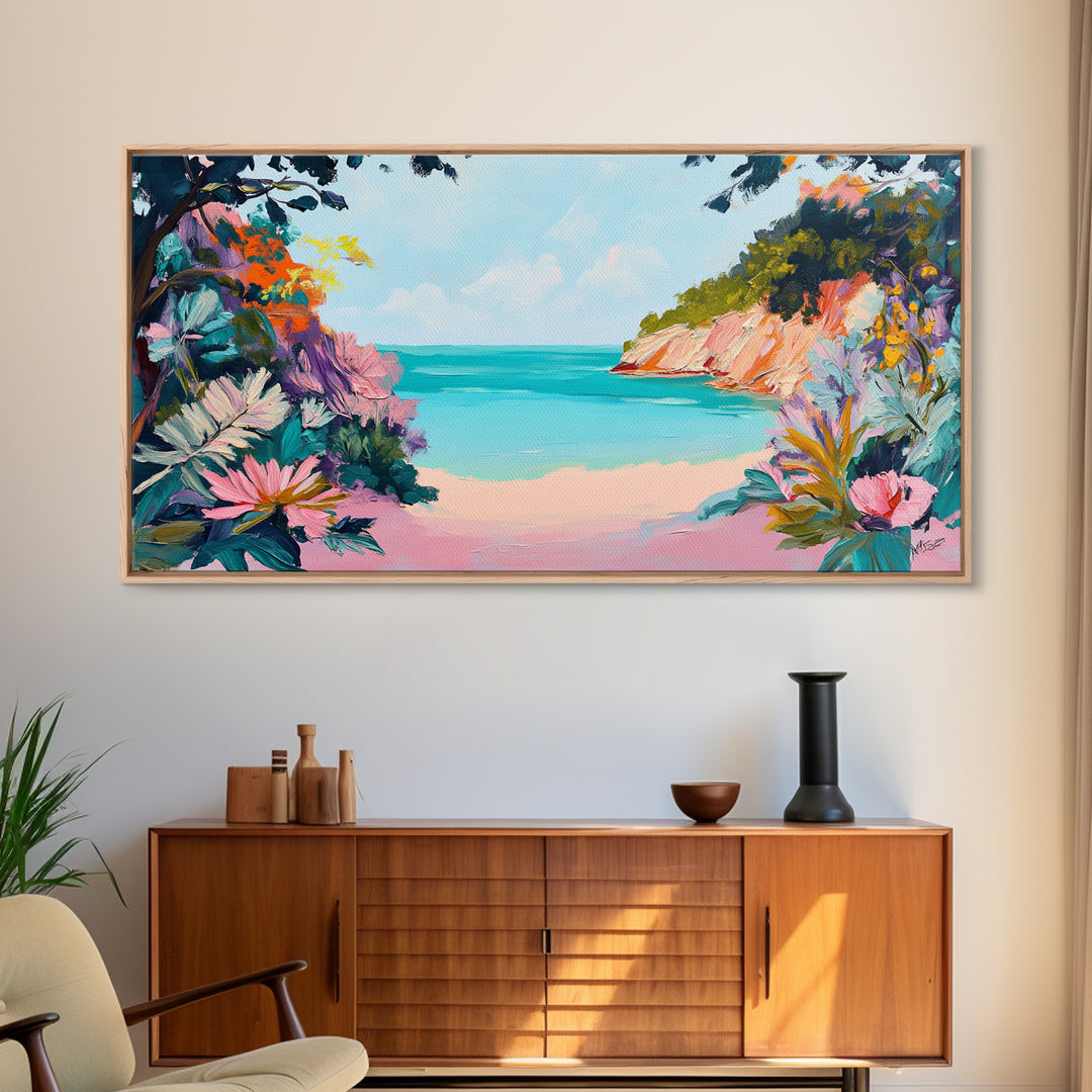 Tropical Beach, coastal wall art, Hawaii art, pink orange wall art, extra wide art, panoramic painting, framed canvas print