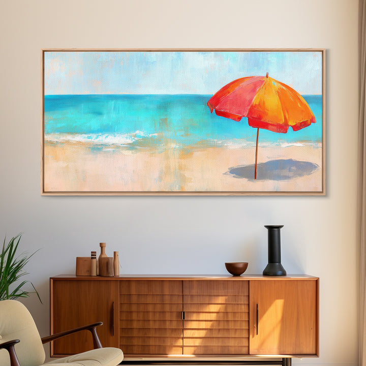 Beach Umbrella, Coastal Decor, Nautical Wall Art, Seascape Painting, Ocean Painting, Extra Wide Art, Framed Canvas Print, Beach House Art