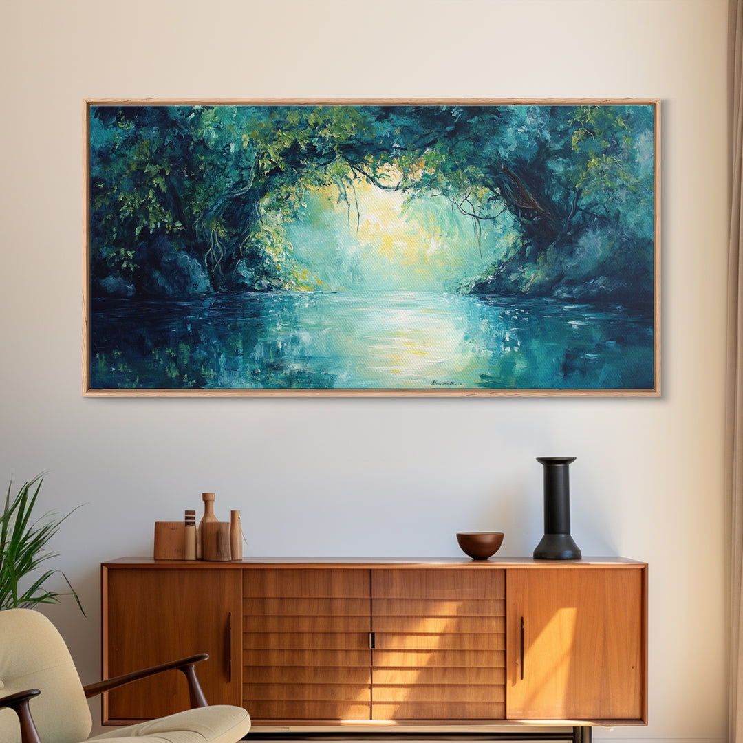 Mystical River, Framed Canvas Print, landscape painting, moody art, forest at dusk painting, teal wall art, extra wide art