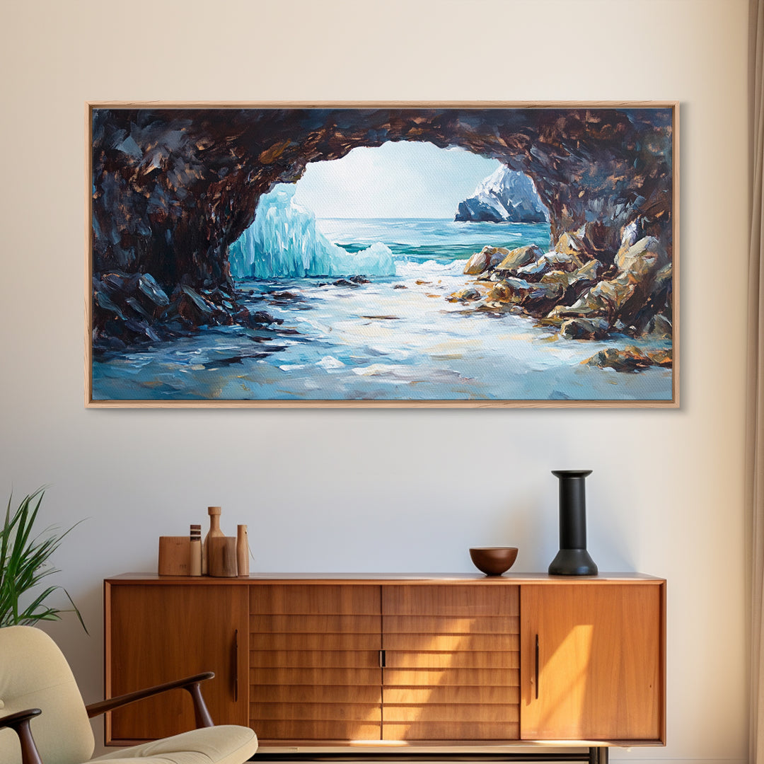 Coastal Ice Cave, Canvas Print, seascape painting, nautical decor, blue and green wall art, landscape painting, extra wide art