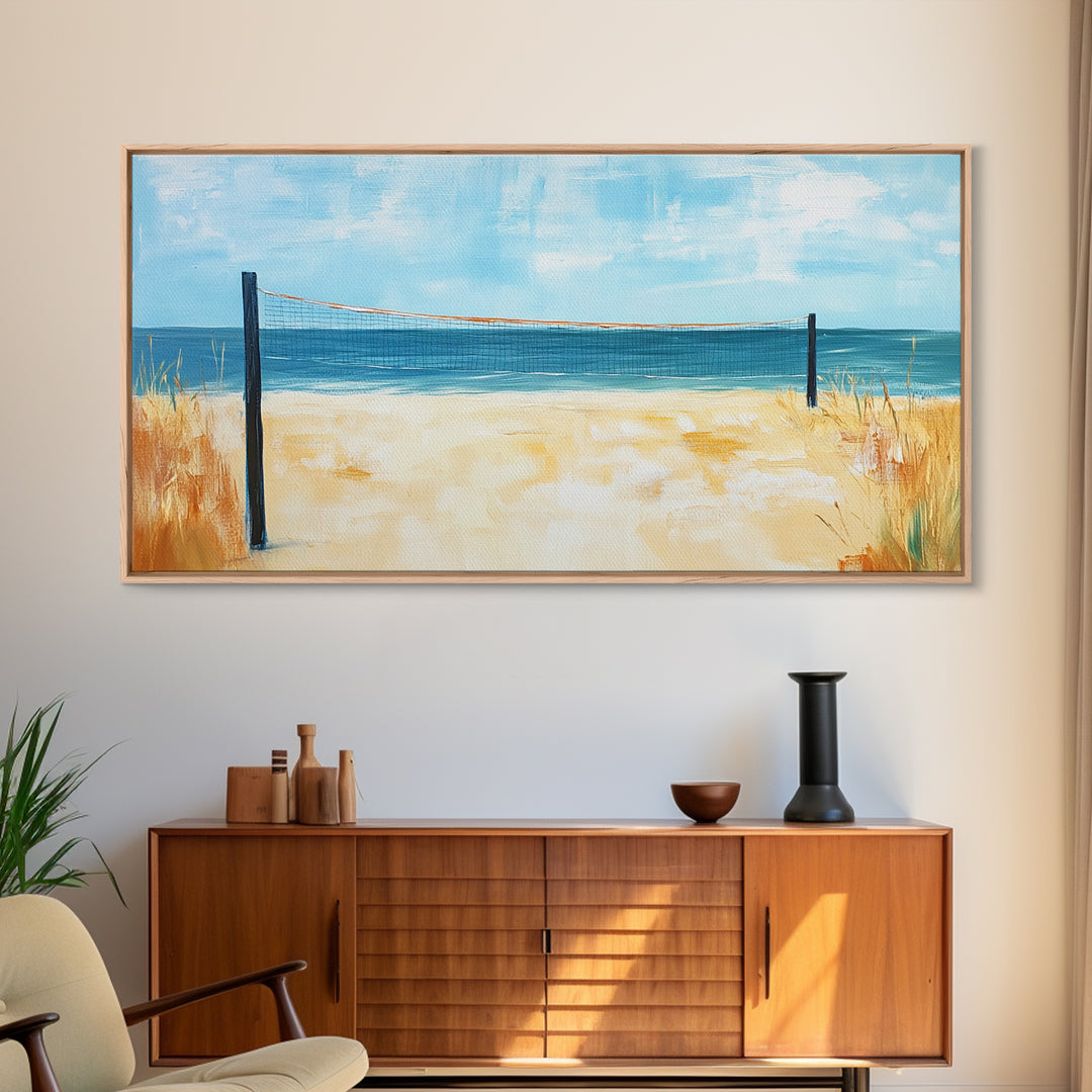Beach Volleyball, Coastal Wall Art, Nautical Decor, Seascape Painting, Ocean Painting, Framed Canvas Print, Extra Wide Art, Boho Art