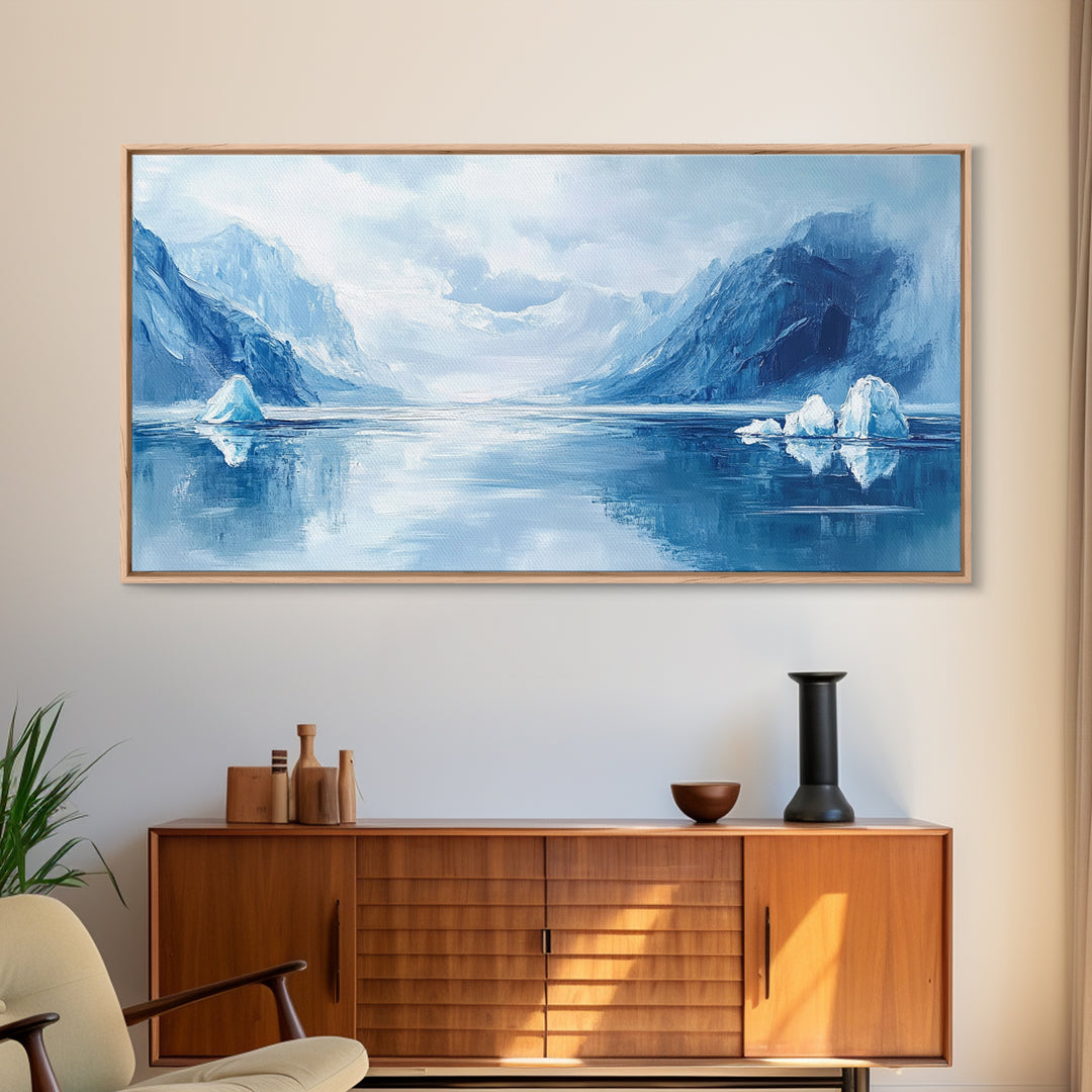 Arctic Reflections, Canvas Print, landscape painting, nautical painting, blue and green wall art, extra wide art, minimalist art