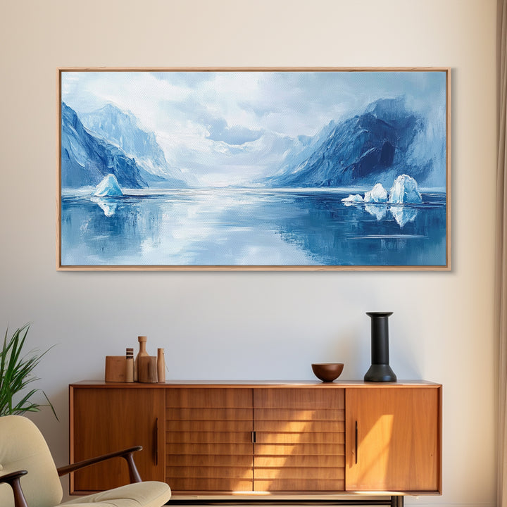 Arctic Reflections, Canvas Print, landscape painting, nautical painting, blue and green wall art, extra wide art, minimalist art
