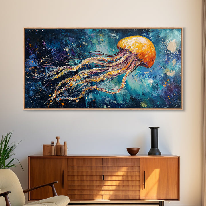 Cosmic Jellyfish, Canvas Print, ocean art, octopus art, dolphin painting, extra wide art, dark romance painting, coastal wall art