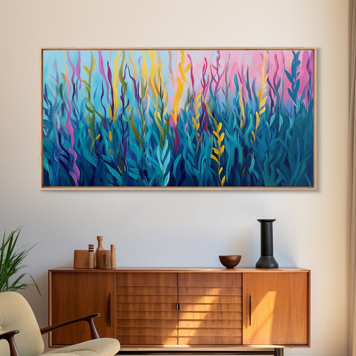 Abstract Seaweed, Framed Canvas Print, ocean art, botanical prints, teal wall art, pink abstract art, extra wide art, coastal decor