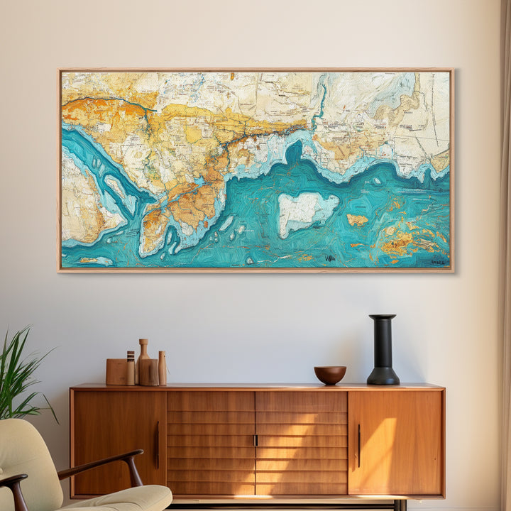 Abstract Map Art, Coastal Decor, Nautical Painting, Extra Wide Art, Framed Canvas Print, Blue and Green Wall Art