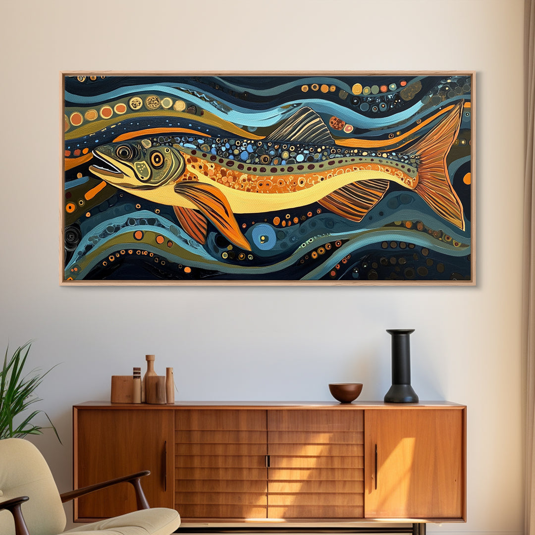 Abstract Trout Art, Fly Fishing Art, Rustic Wall Art, Whimsical Art, Framed Canvas Print, Tall Narrow Art, Living Room Art