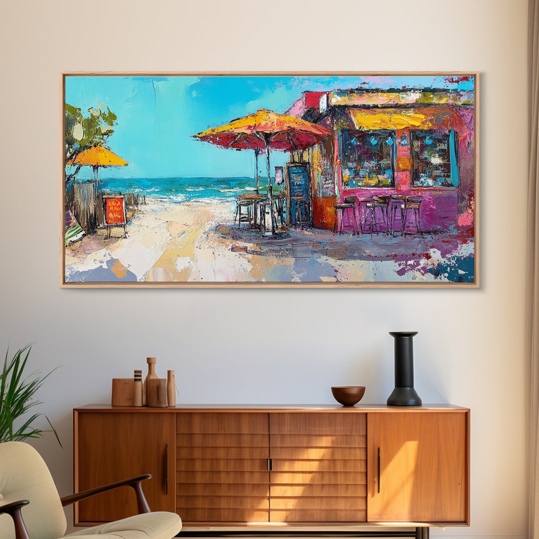 Beach Bar, Coastal Landscape Art, Tropical Art, Nautical Wall Art, Ocean Painting, Extra Wide Art, Framed Canvas Print, Rustic Wall Art