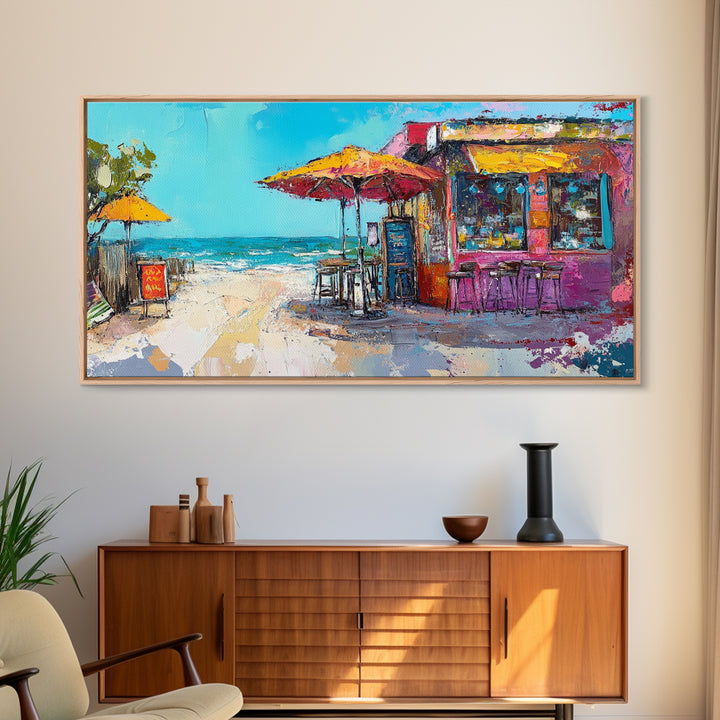 Beach Bar, Coastal Landscape Art, Tropical Art, Nautical Wall Art, Ocean Painting, Extra Wide Art, Framed Canvas Print, Rustic Wall Art