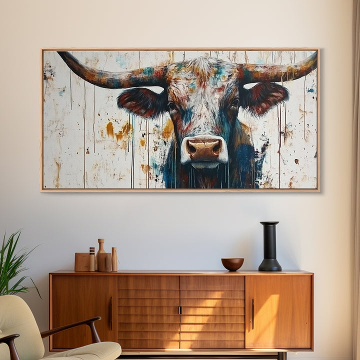 Bull Portrait, rustic decor, farmhouse art, bull and bear art, southwestern wall art, moody art, canvas print, extra wide art