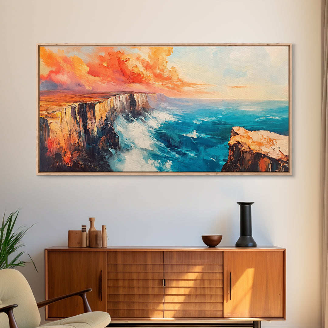 Coastal Cliffs Painting, landscape painting, seascape painting, blue and green wall art, framed canvas print, nautical wall art