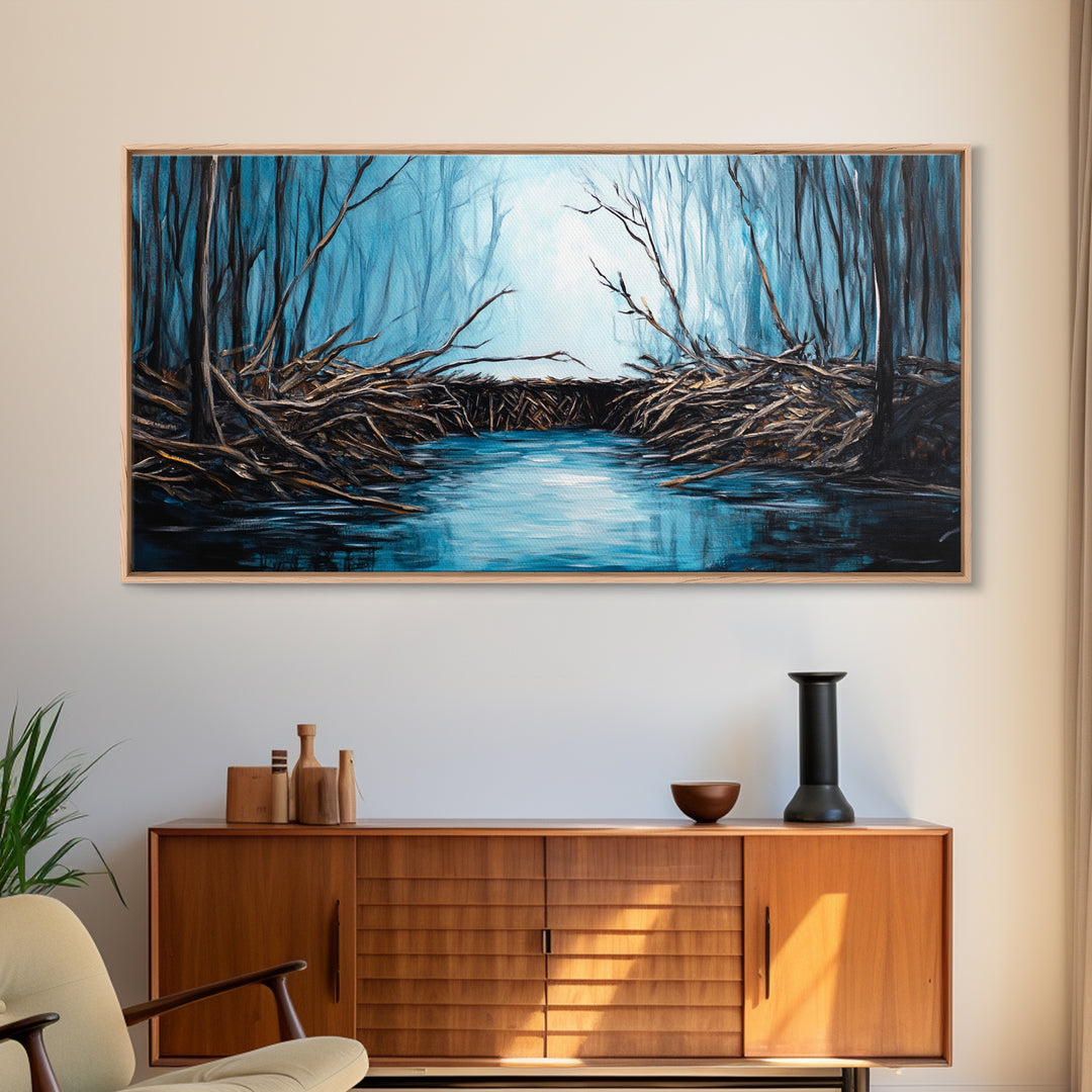 Beavers, river, landscape painting, extra wide art, panoramic painting, moody art, framed canvas print, rustic wall art, bedroom art
