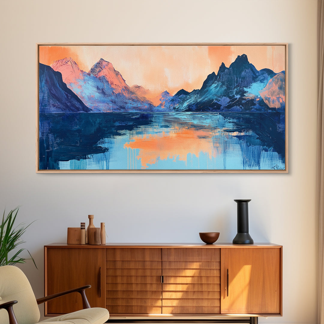 Twilight Peaks, pink orange wall art, framed canvas print, panoramic painting, above sofa art, extra wide art, landscape painting