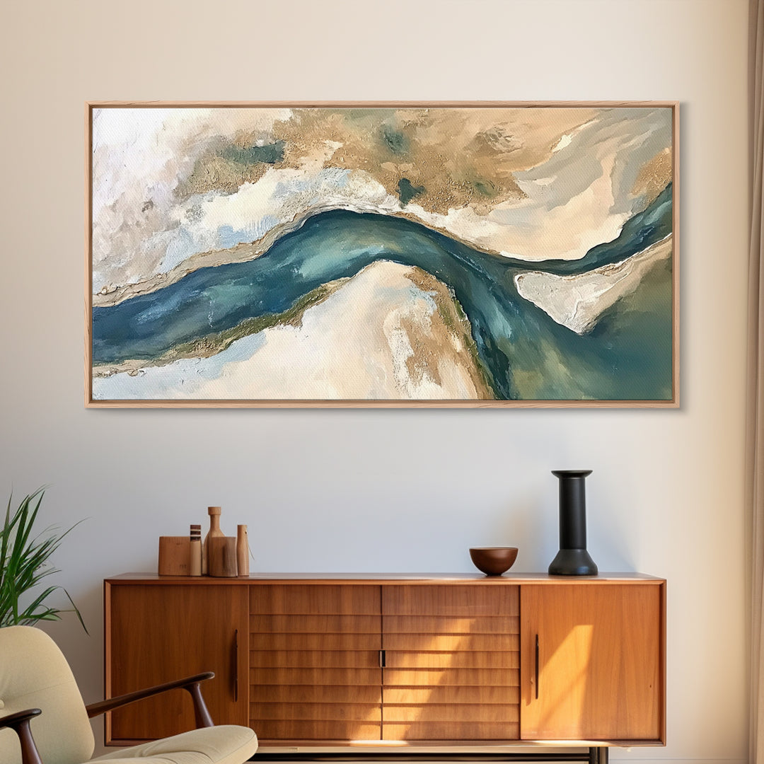Abstract River, Neutral Landscape, Panoramic Art, Canvas Print, Wabi Sabi Art, Rustic Wall Art, Above Bed Wall Art, Minimalist Art