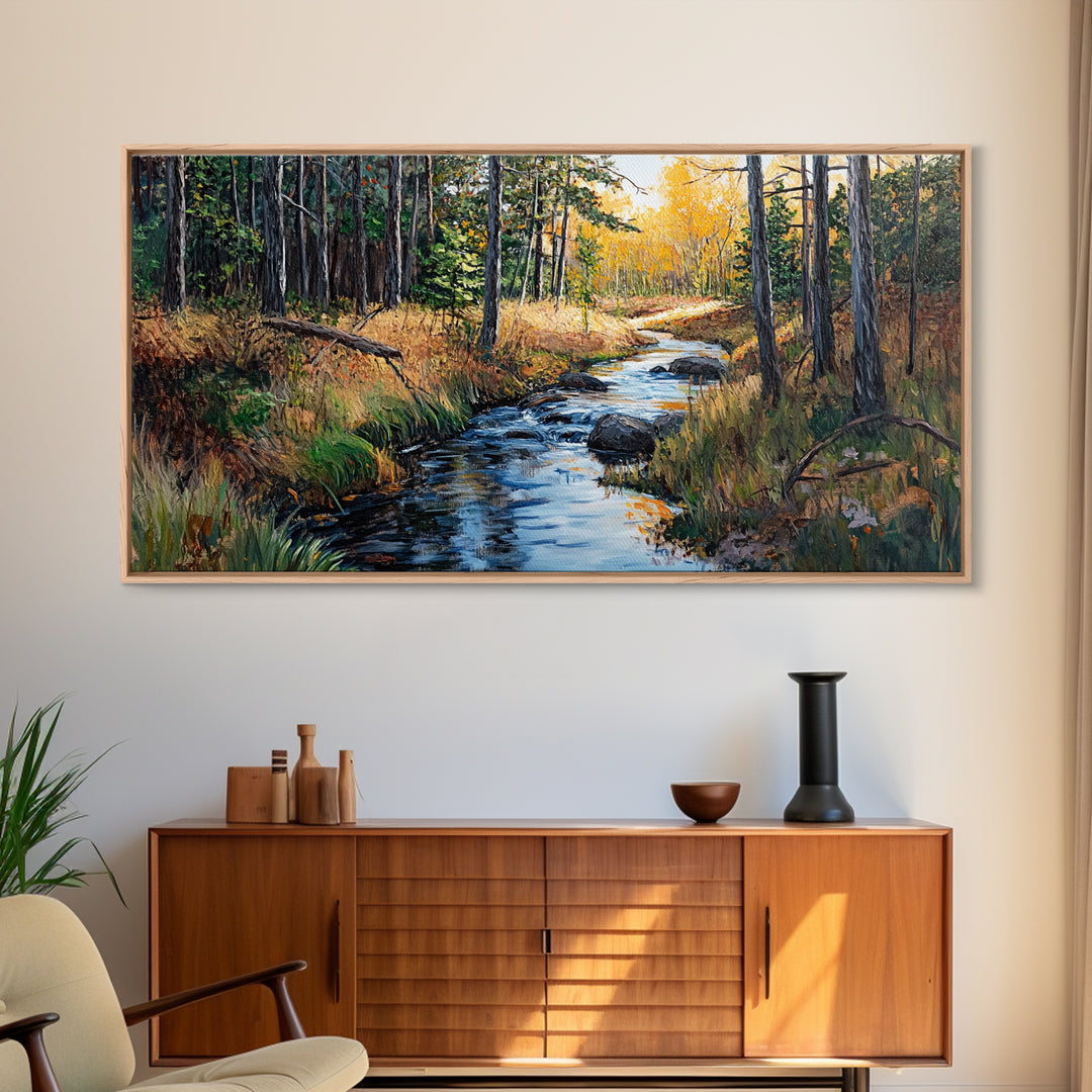 Autumn Forest, Creek Painting, Panoramic Art, Framed Canvas Print, Pine Tree Art, Rustic Wall Art, Extra Wide Art, Fall Landscape Painting