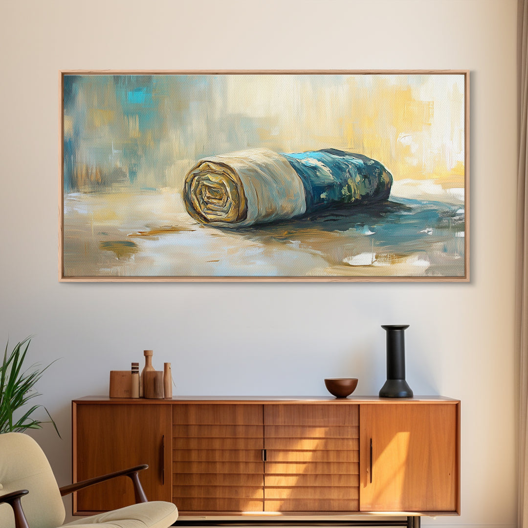 Rolled fabric, oil painting from photo, rustic decor, farmhouse art, wabi sabi art, framed canvas print, horizontal wall art, gift idea