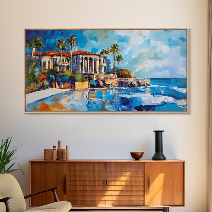 Coastal Mansion, Palm Trees, Panoramic Art, Framed Canvas Print, Coastal Landscape Art, Tropical Decor, Extra Wide Art, Living Room Art