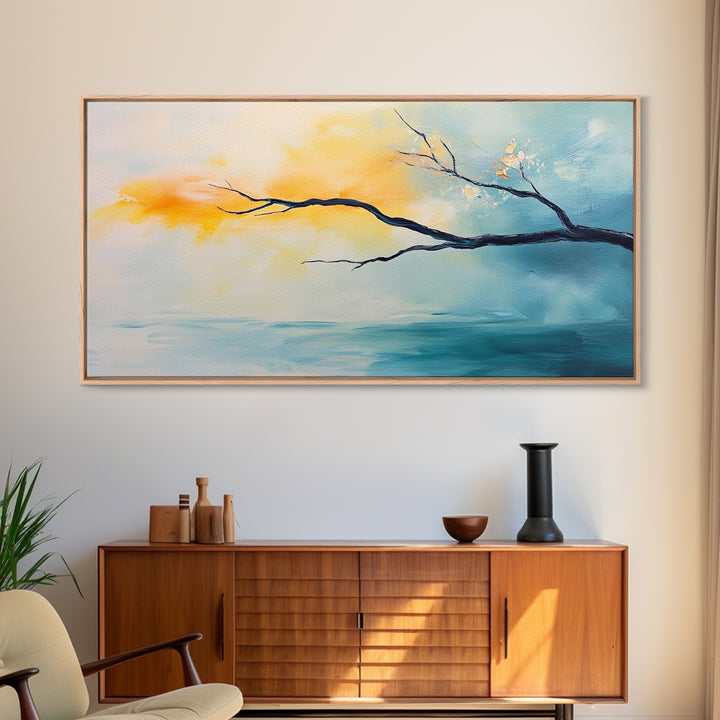 Cherry blossom painting, coastal decor, framed canvas print, minimalist art, abstract landscape, extra wide art, horizontal wall art