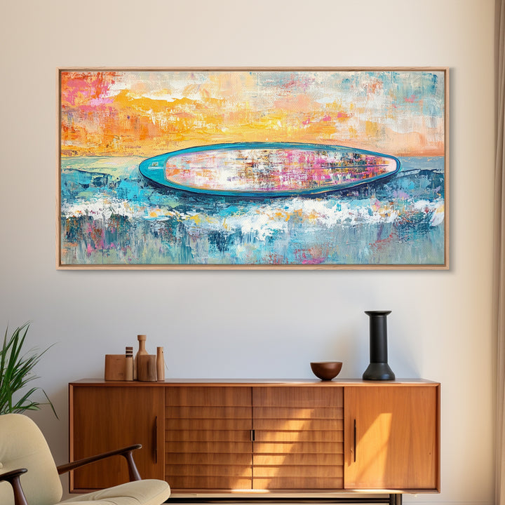 Coastal wall art, surf wall art, framed canvas print, extra wide art, nautical decor, vibrant painting, panoramic art, tropical art