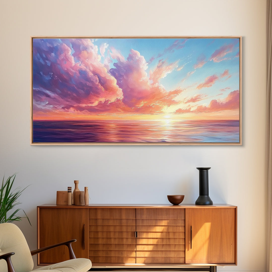 Seascape painting, framed canvas print, extra wide art, sunset painting, panoramic wall art, ocean waves, nautical wall art