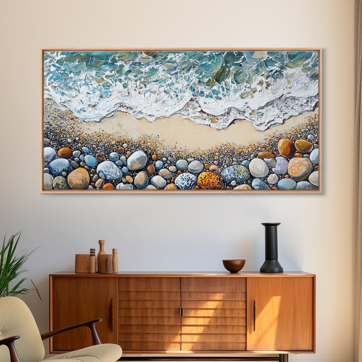 Coastal decor, beach painting, framed canvas print, extra wide art, ocean waves, seascape painting, rustic wall art, nautical wall art