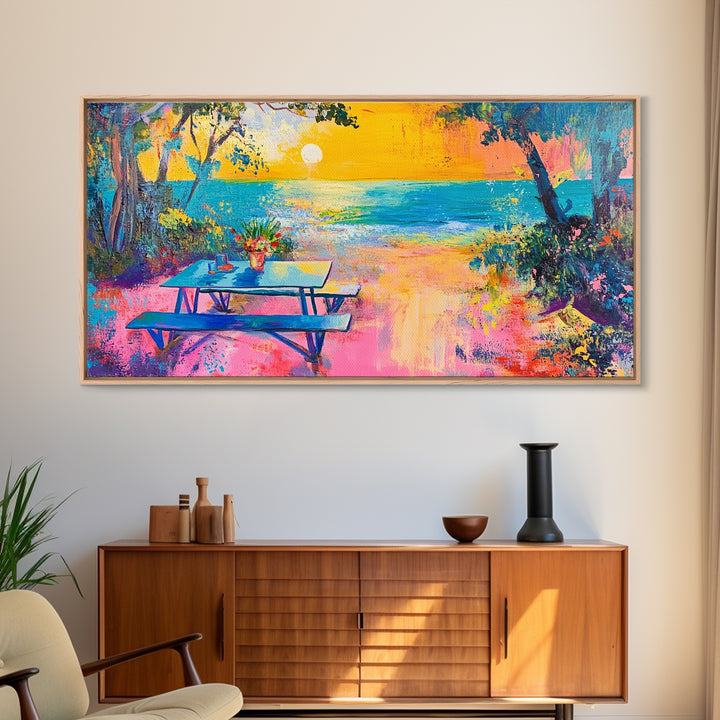 Coastal landscape art, framed canvas print, extra wide art, vibrant sunset painting, tropical beach decor, ocean waves, panoramic art