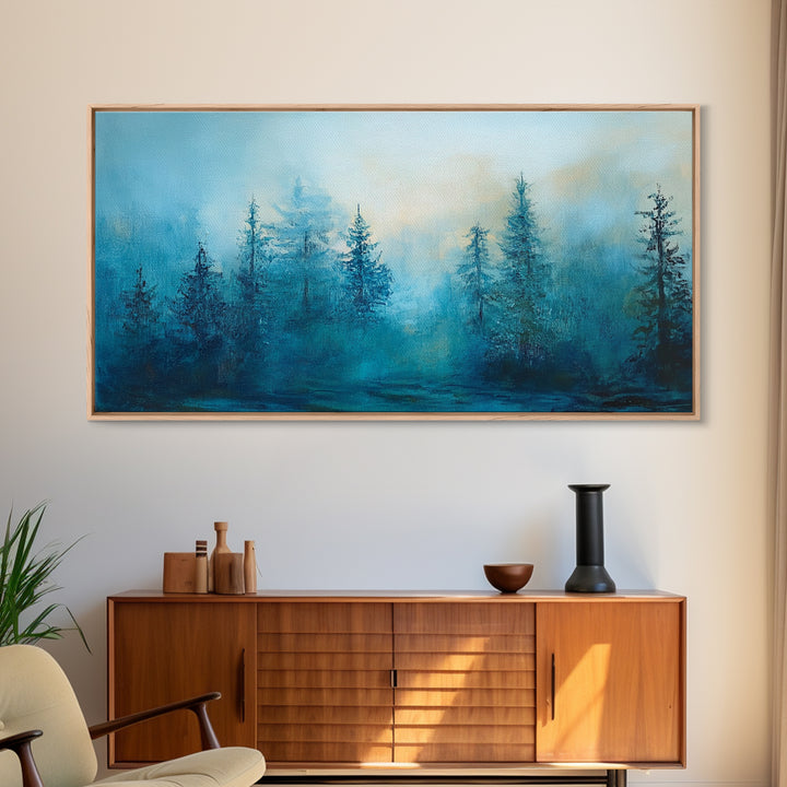 Pine tree art, smoky mountain art, framed canvas print, misty forest painting, rustic wall art, extra wide art, moody landscape