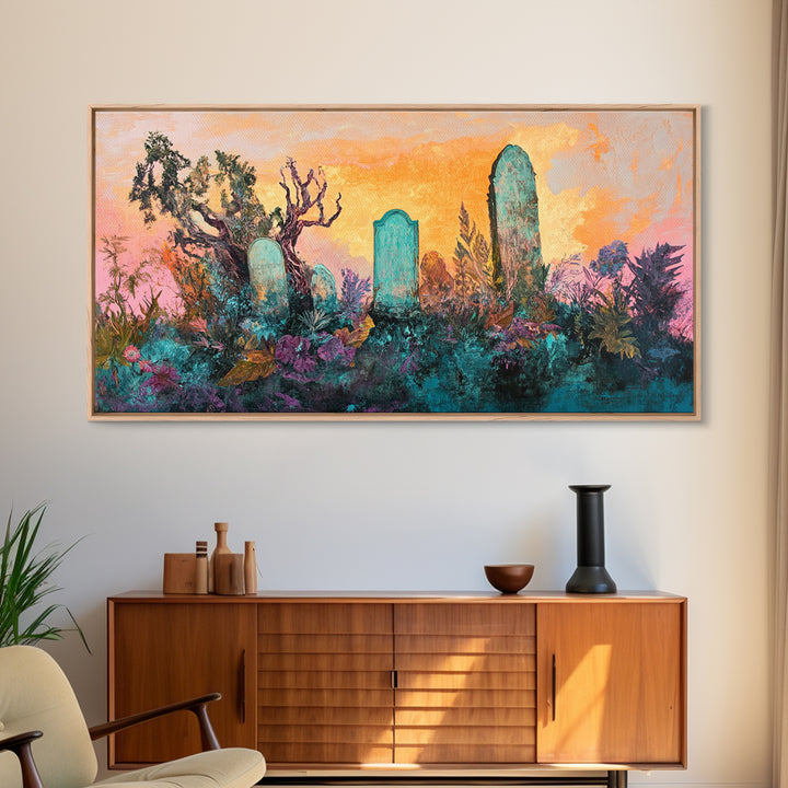 Dark romance painting, gothic art, framed canvas print, extra wide art, Halloween decor, whimsical art, spooky graveyard painting