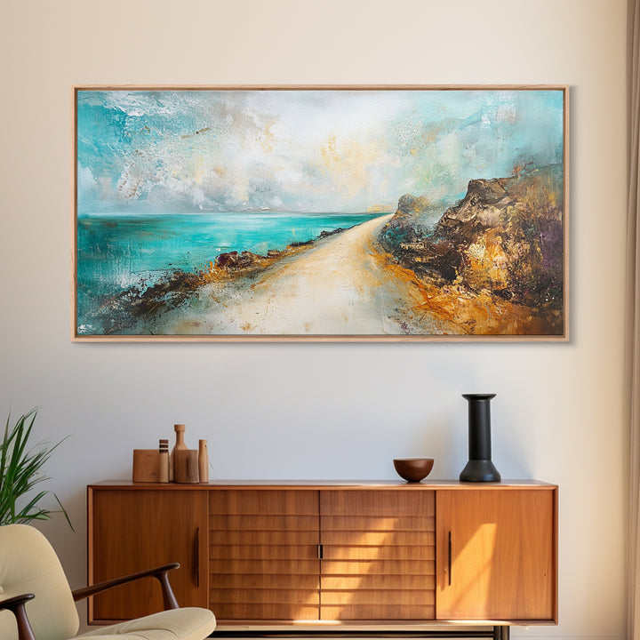 Coastal decor, framed canvas print, extra wide art, nautical wall art, beach road painting, rustic landscape, panoramic art