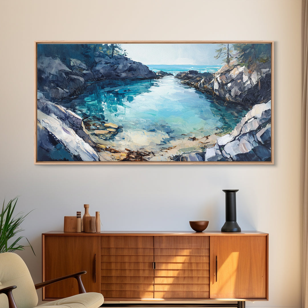 Rocky Coastal Cove, Maine oil painting, nautical decor, seascape painting, extra wide art, above bed wall art, Canvas Print