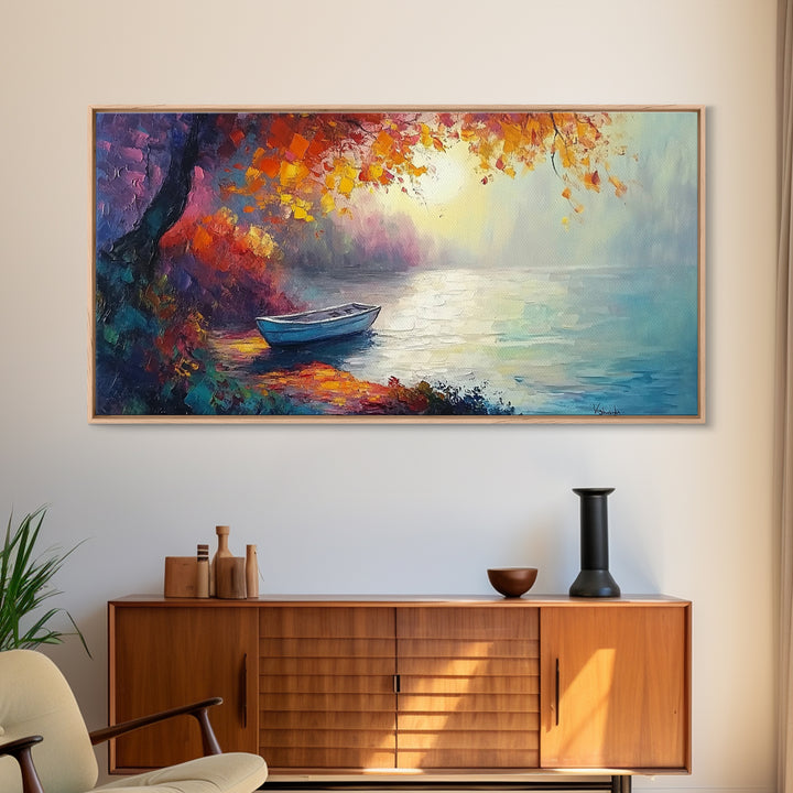 Autumn Lake Scene, landscape painting, fall wall art, framed canvas print, rustic decor, above sofa art, moody art, extra wide art