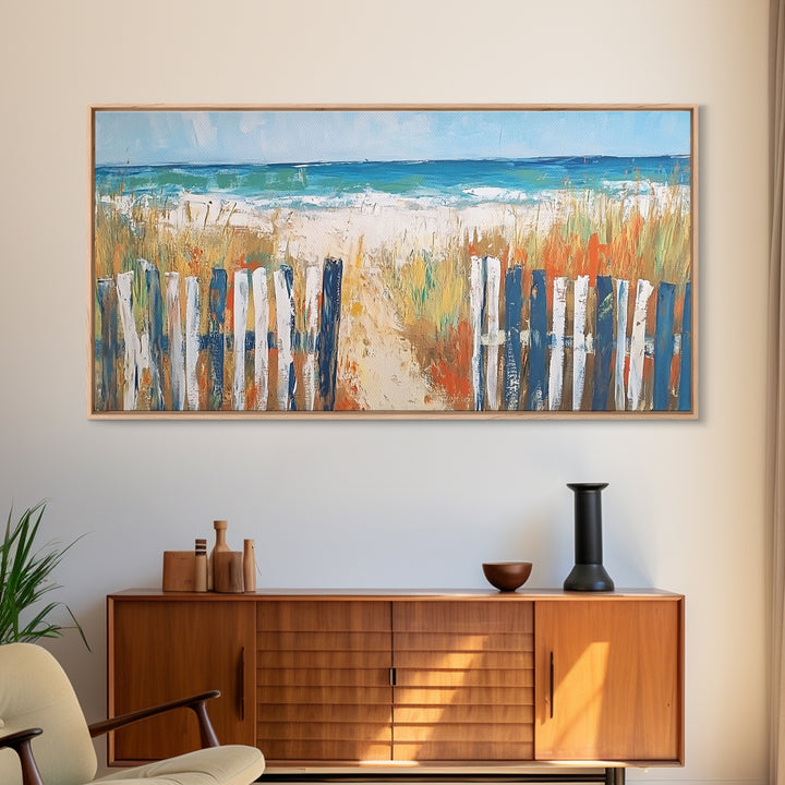 Beach Fence, coastal painting, framed canvas print, nautical decor, seascape painting, blue and green wall art, extra wide art
