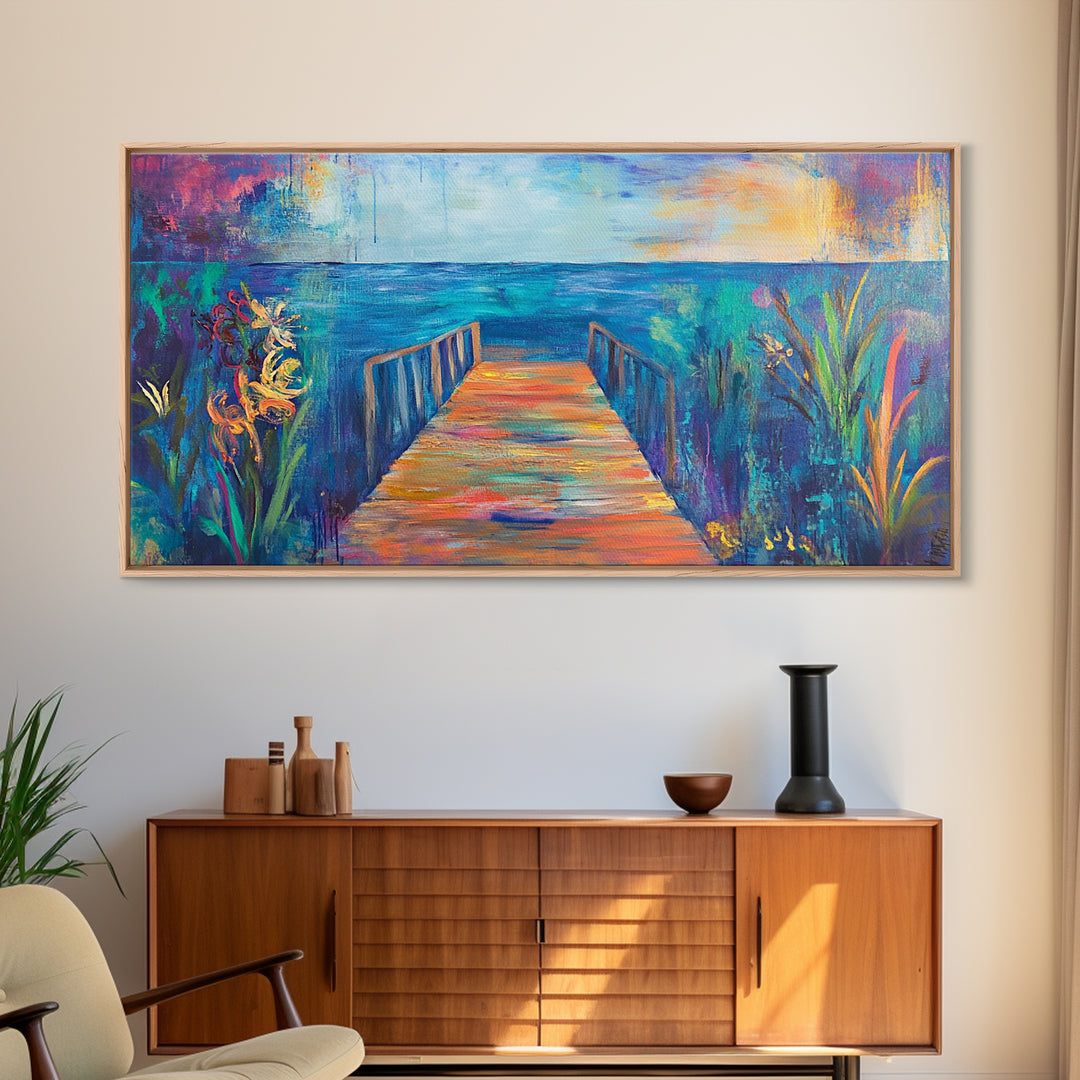 Dock, ocean sunset, coastal painting, coastal landscape art, nautical decor, seascape painting, framed canvas print, above bed wall art