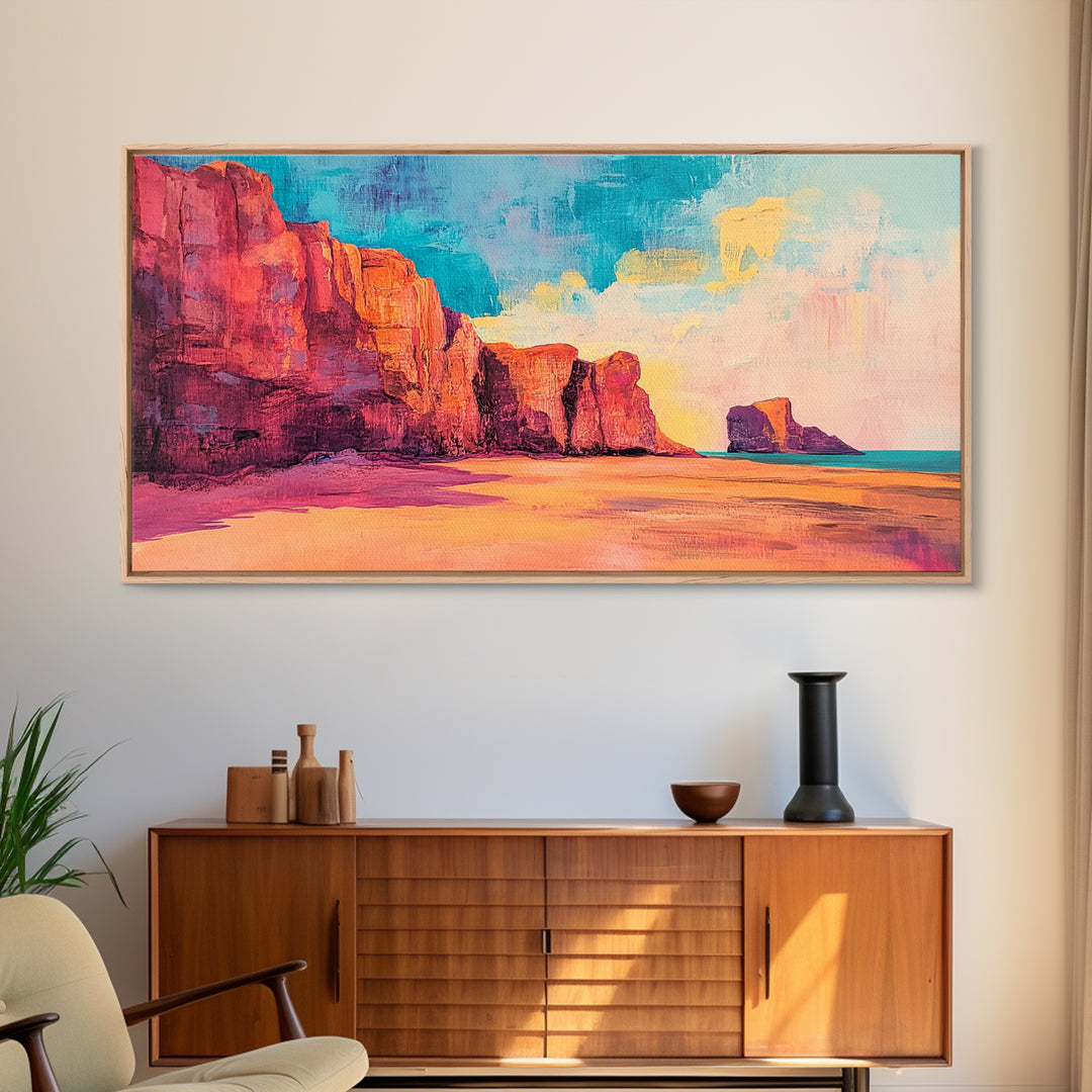 Desert Cliffs, Coastal Decor, Sunset Painting, Landscape Art, Panoramic Painting, Coastal Landscape Art, Canvas Print, Rustic Decor