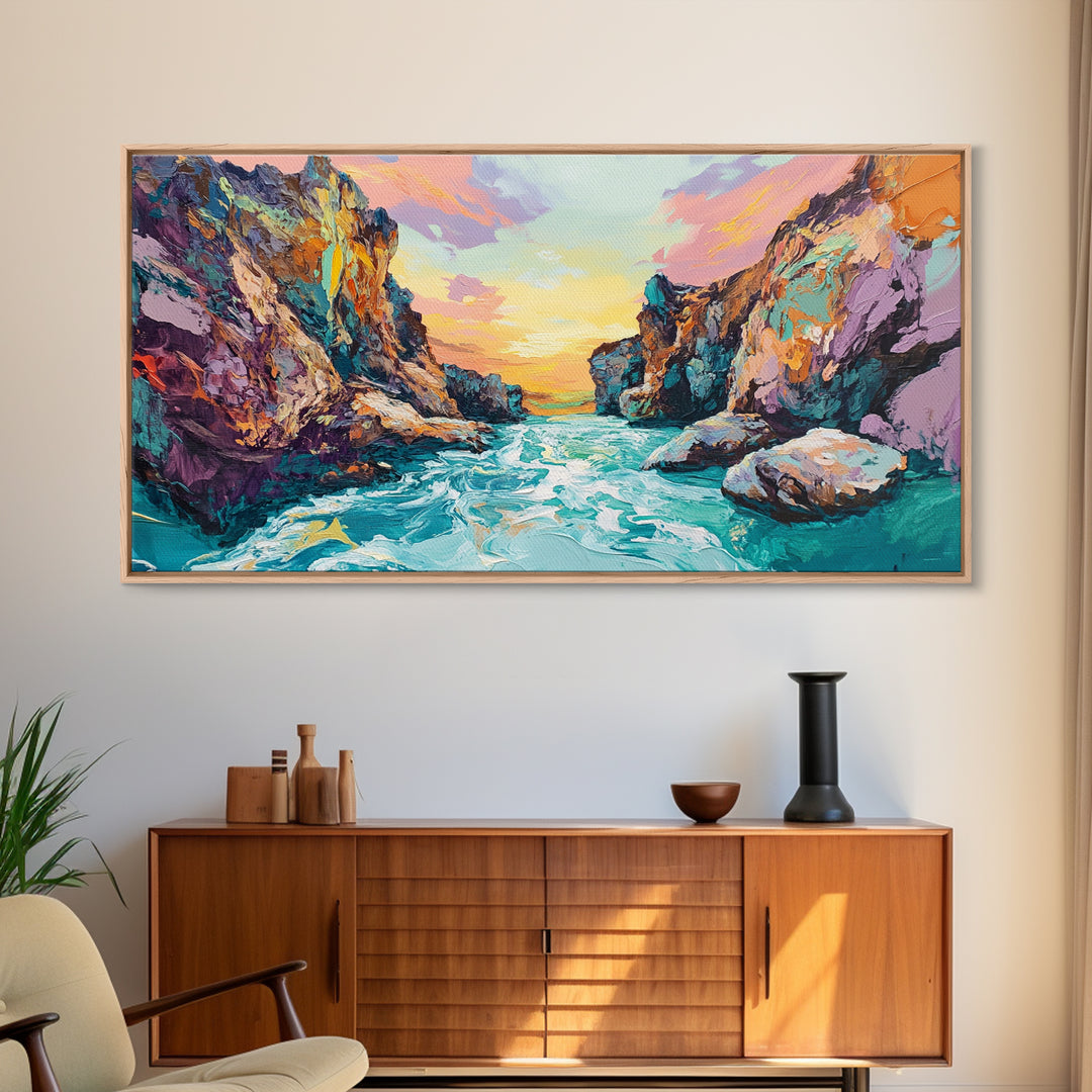 Coastal Canyon Sunset, panoramic painting, extra wide art, framed canvas print, seascape painting, southwest wall art