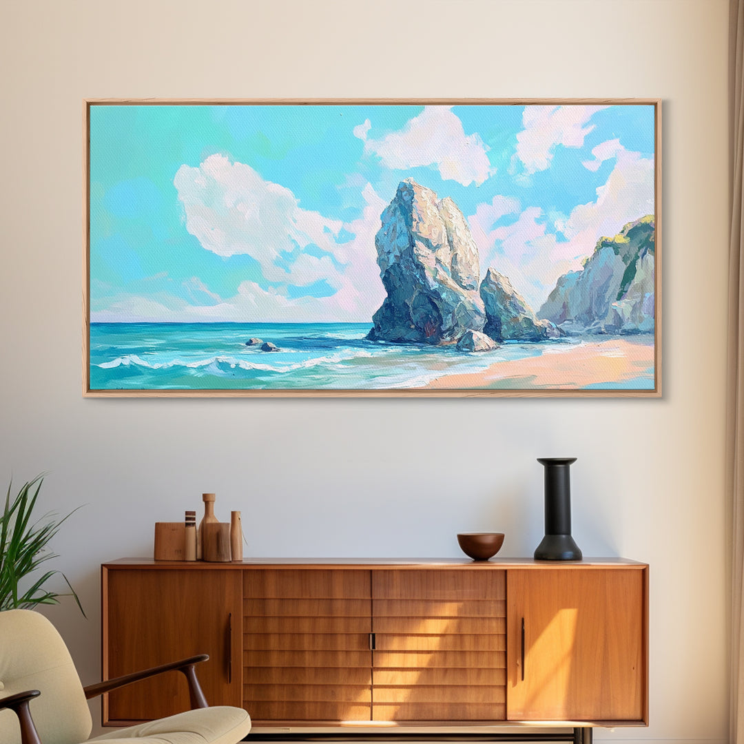 Coastal Rock Formations, beach painting, framed canvas print, coastal wall art, nautical decor, seascape painting, extra wide art