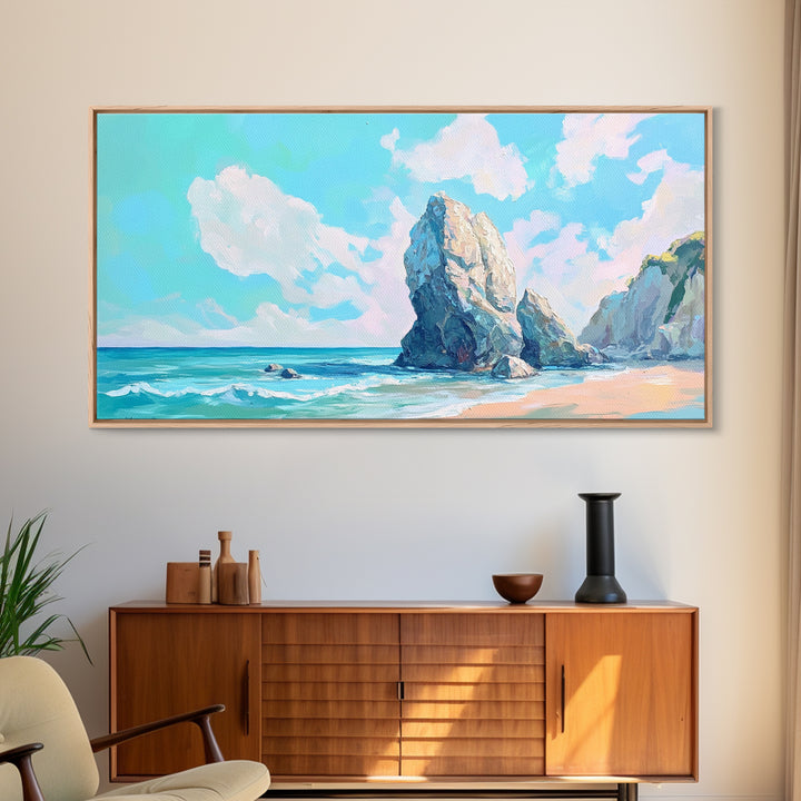Coastal Rock Formations, beach painting, framed canvas print, coastal wall art, nautical decor, seascape painting, extra wide art