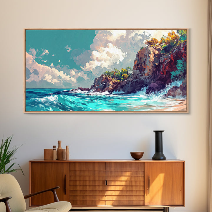 Rocky Cliff Beach, coastal landscape art, framed canvas print, seascape painting, nautical decor, extra wide art, above couch art