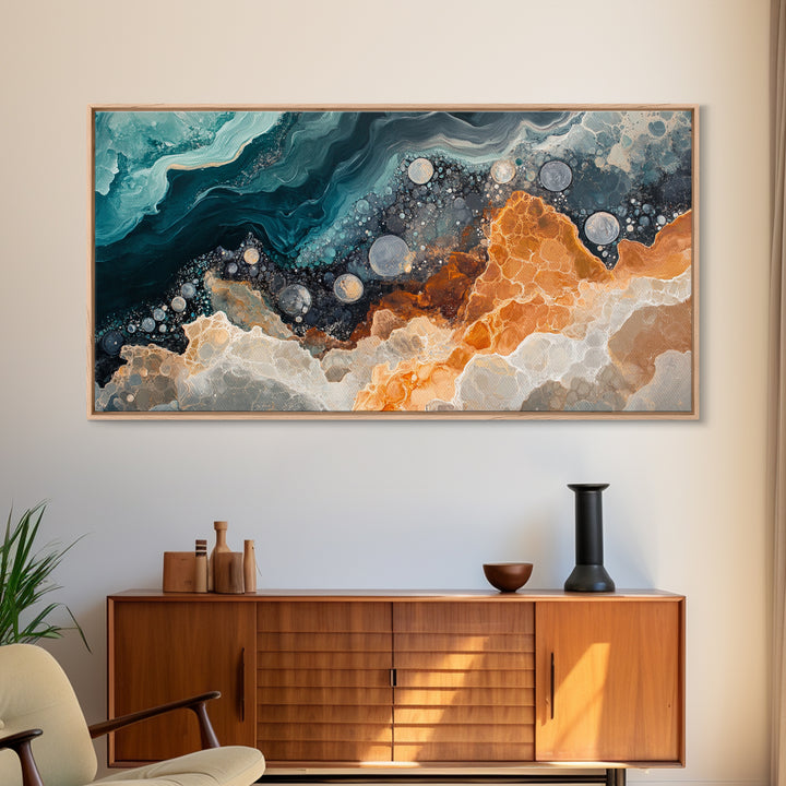 Abstract Coastal Geology, framed canvas print, extra wide art, mosaic wall art, ocean decor, oyster painting, coastal decor