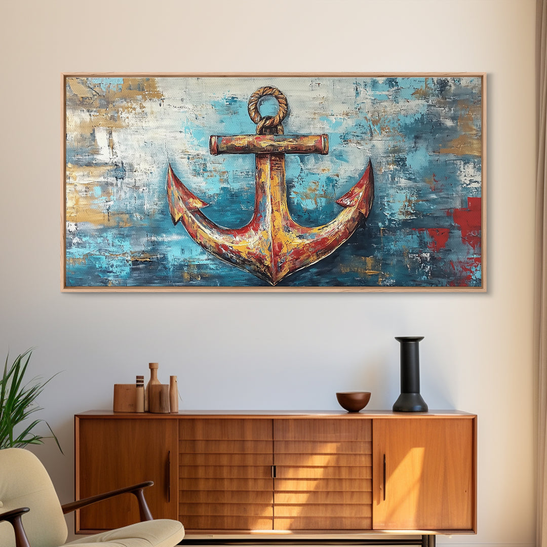 Nautical Anchor, Coastal Decor, Rustic Wall Art, Extra Wide Art, Nautical Wall Art, Horizontal Wall Art, Framed Canvas Print, Living Room Art