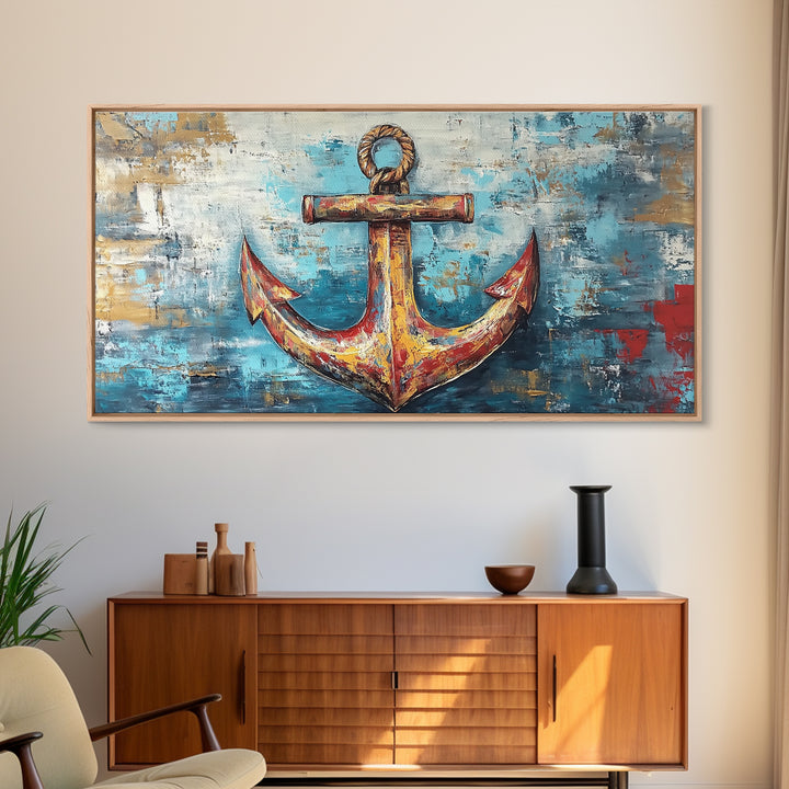 Nautical Anchor, Coastal Decor, Rustic Wall Art, Extra Wide Art, Nautical Wall Art, Horizontal Wall Art, Framed Canvas Print, Living Room Art