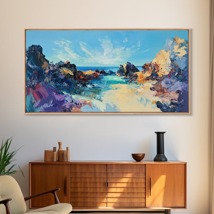 Rocky Seascape Panorama, framed canvas print, extra wide art, seascape painting, above couch art, nautical painting